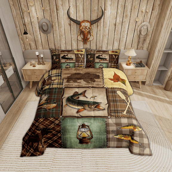 Farmhouse Pike Fish Comforter Set Men,Hunting Fishing Bedding Set Queen,Rustic Lake Paddle Bedding Comforter Sets,Cabin Lodge Plaid Patchwork Duvet Insert with 2 Pillowcases Bedroom Decor