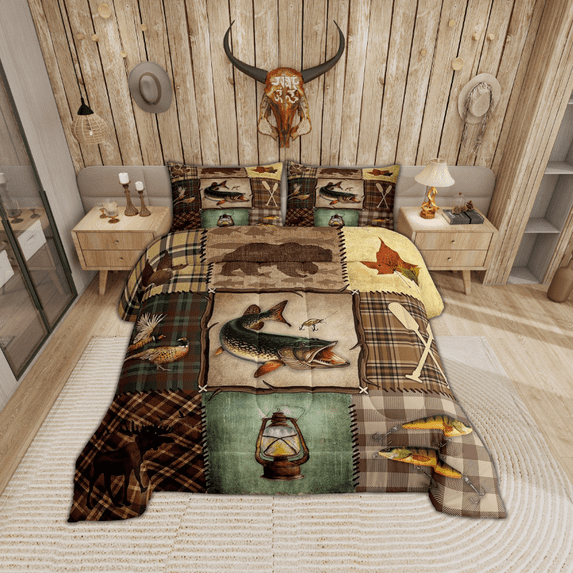Farmhouse Pike Fish Comforter Set Men,Hunting Fishing Bedding Set Queen,Rustic Lake Paddle Bedding Comforter Sets,Cabin Lodge Plaid Patchwork Duvet Insert with 2 Pillowcases Bedroom Decor