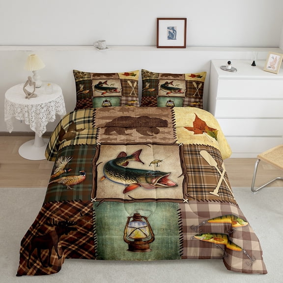 Farmhouse Pike Fish Comforter Set Men,Hunting Fishing Bedding Set Twin,Rustic Lake Paddle Bedding Comforter Sets,Cabin Lodge Plaid Patchwork Duvet Insert with 1 Pillowcase Bedroom Decor