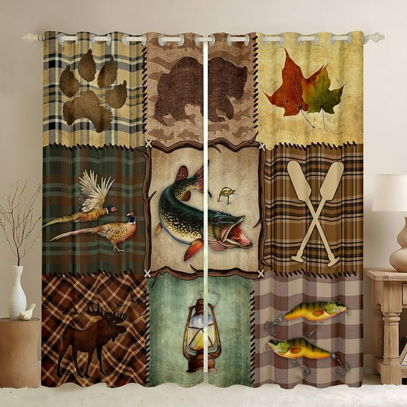 Farmhouse Pike Fish Curtains Men,Hunting Fishing 30%-50% Blackout Curtains 42Wx63L,Rustic Lake Paddle Curtains & Drapes,Cabin Lodge Plaid Patchwork Window Curtains 2 Panels for Bedroom