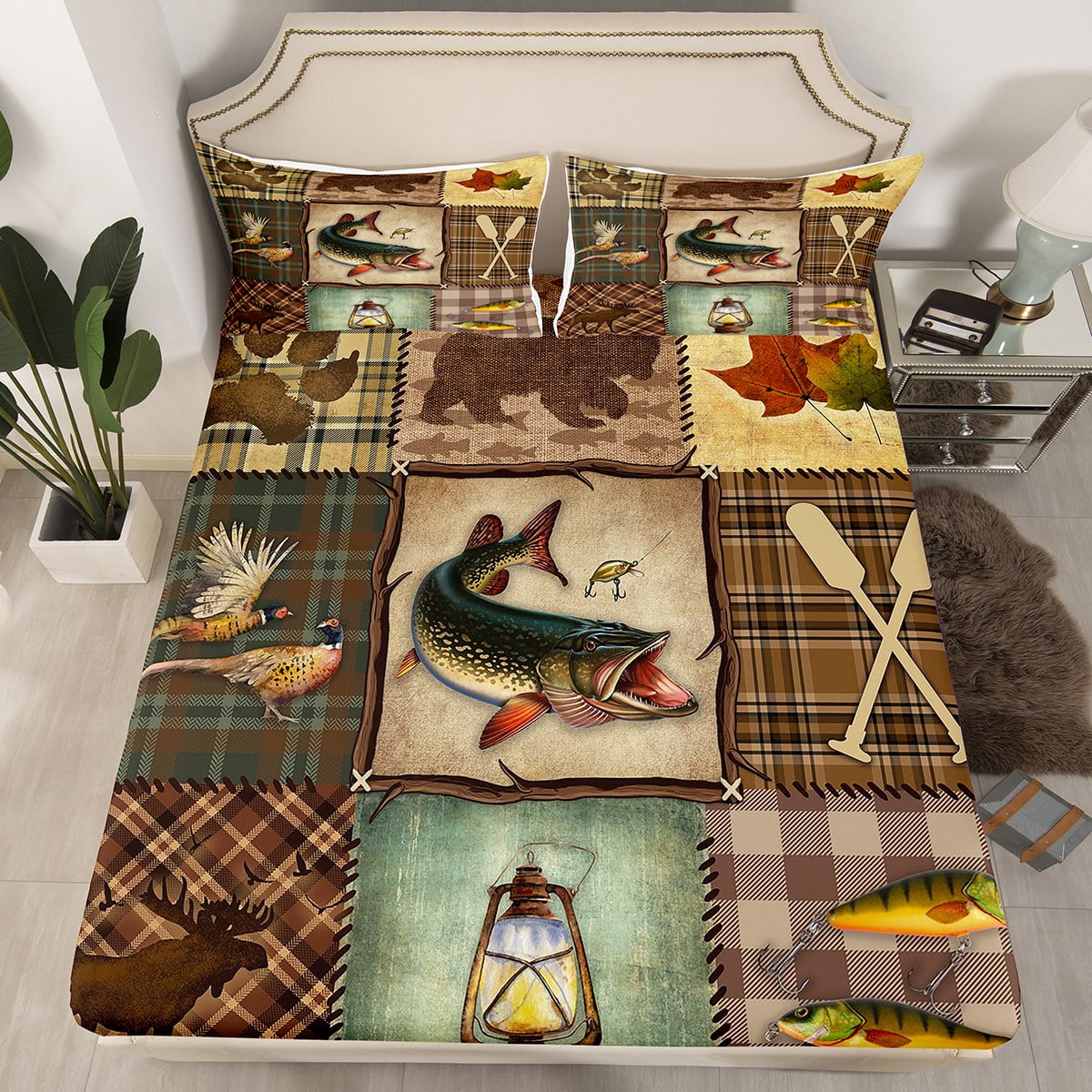 Farmhouse Pike Fish Fitted Sheet for Boys Men,Hunting Fishing Bed