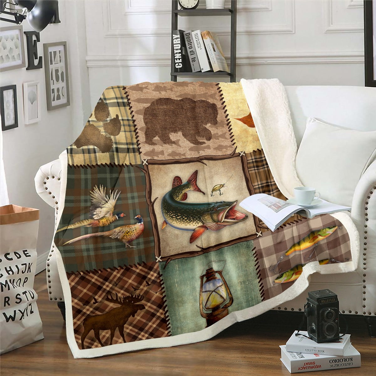 Farmhouse Pike Fish Throw Blanket for Boys Men,Hunting Fishing Fleece