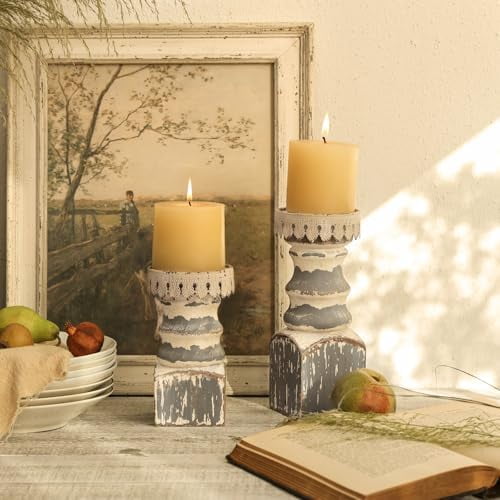 Farmhouse Pillar Candle Holder Set of 2 - Rustic Wood Decorative Candlesticks Pedestal, Centerpieces Decor for Fireplace Mantle Coffee Bar Dining Table, Distressed Grey$$Home Decor, Kitchen, & Other