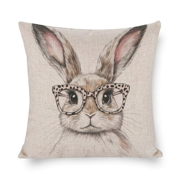 Farmhouse Pillow Cover Happy Easter Pillowcases Bunny with Leopard Glasses Throw Pillowcases for Couch for Farmhouse Decor Room Bedroom Sofa Chair Car 16"x16"