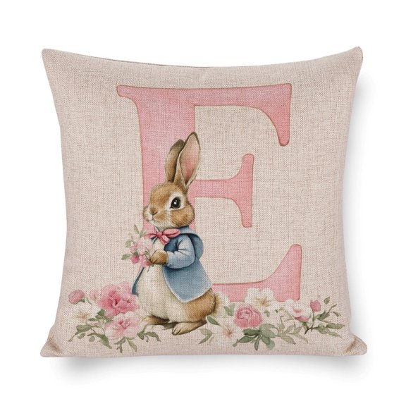 Farmhouse Pillow Cover Outdoor Throw Pillow Cover Cushion Case Decorative Alphabet Monogram Letter Initial Pillowcase Letter E Personalized Bunny Easter Couch Pillowcases for Sofa Couch 18"x18"