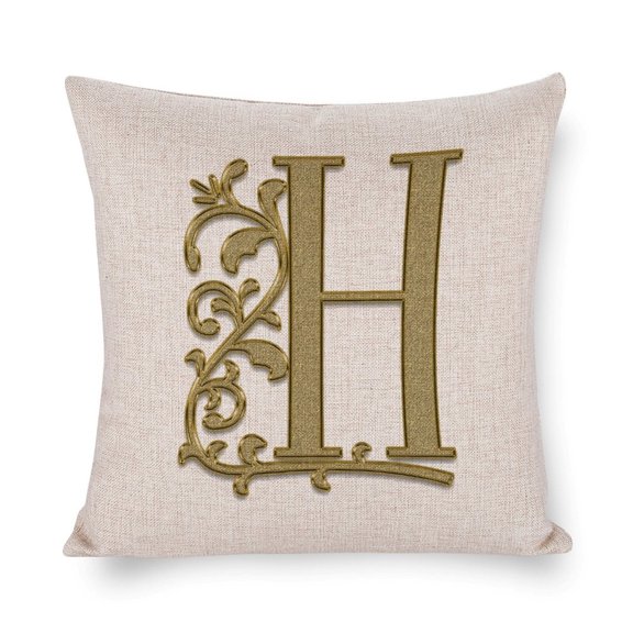 Farmhouse Pillow Cover Personalized Gift Monogram Cushion Pillow Cover Beautiful Gold Floral Monogram Initial H Custom Couch Throw Pillows Gifts for Home Decor 18"x18"