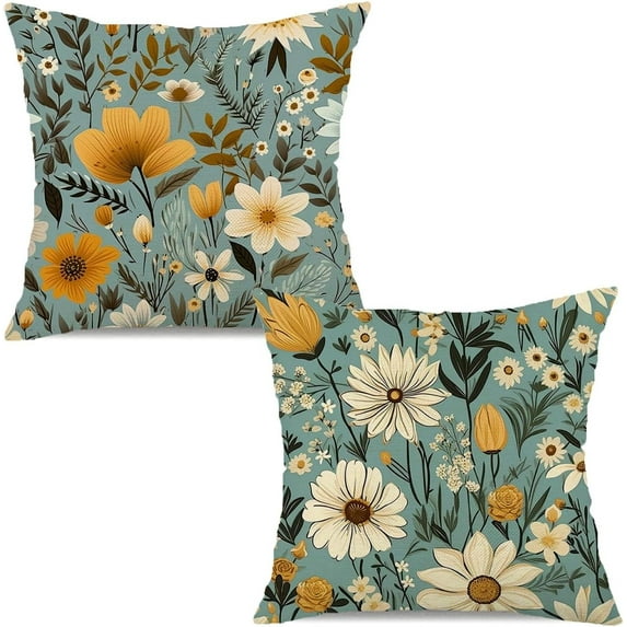 Farmhouse Pillow Covers 18x18 Inch Set of 2, Summer Decorative Floral Throw Pillows Farmhouse Linen Floral Pillow Case for Sofa Bedroom Living Room Indoor Outdoor