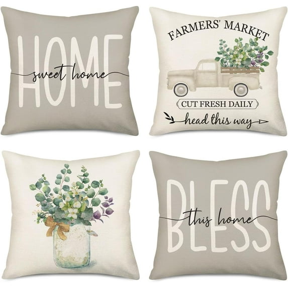 Farmhouse Pillow Covers 18x18 Inch Set of 4 Green Eucalyptus Leaves Decorations Bless This Home Sweet Home Spring Pillow Cover Farmers Market Truck Home Decor Cushion Case for Sofa Couch