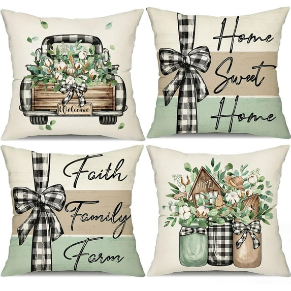 Farmhouse Pillow Covers 18x18 Set of 4 Eucalyptus Leaves Decorations Truck Sweet Home Spring Stripe Pillow Covers, Linen Cushion Case Gifts for Home Decor 176B