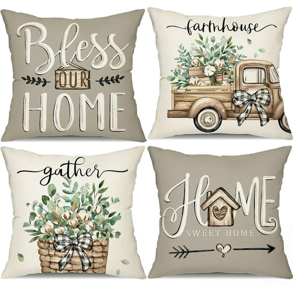 Farmhouse Pillow Covers 18x18 Set of 4 Eucalyptus Leaves Decorations Truck Sweet Home Spring pillow covers, Polyester Cushion Case Gifts for Home Decor 175