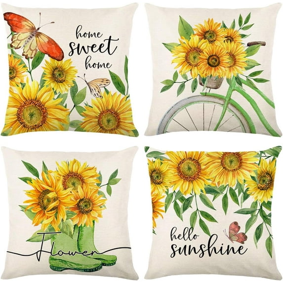Farmhouse Pillow Covers 18x18 Set of 4 Spring Summer Pillow Covers Sunflower Floral Decorative Throw Cushion Cases for Sofa Couch Living Room Outdoor¡