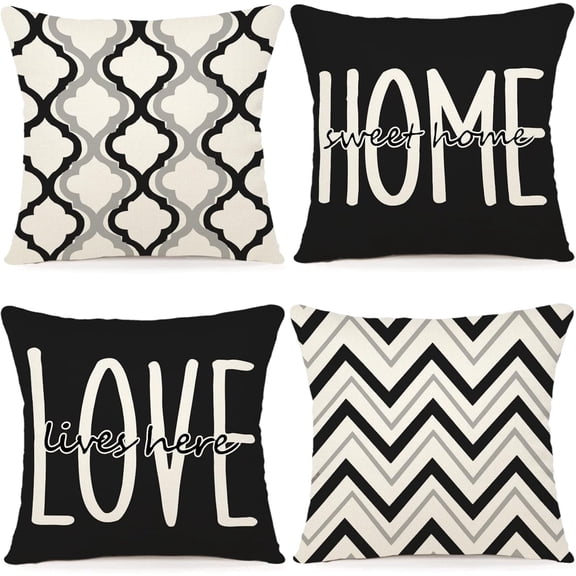 Farmhouse Pillow Covers 18x18 Set of 4 Throw Pillow Covers Rustic Linen Decorative Pillows Square Cushion Covers for Couch Sofa Bedroom Home Decor Black