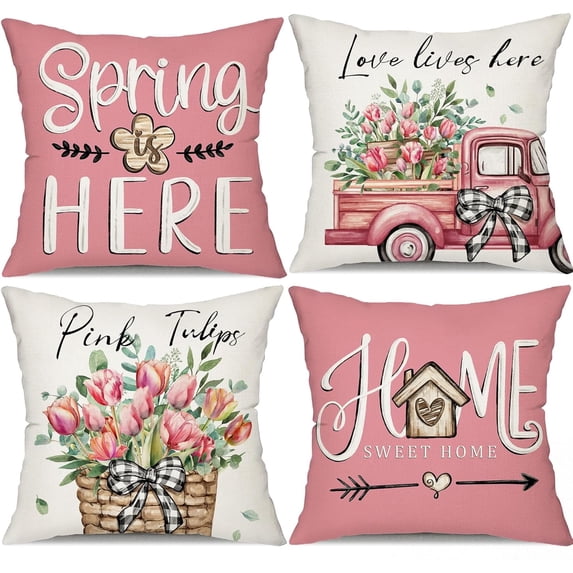 Farmhouse Pillow Covers 18x18 Set of 4 Tulip Decor Truck Tulips Basket Sweet Home Spring Pillow Covers, Polyester Cushion Case Gifts for Home Decor 175C