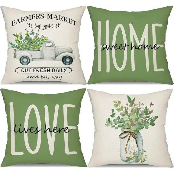 Farmhouse Pillow Covers 18x18 Set of 4,Eucalyptus Leaves Decorations Truck Vase Home Sweet Home Linen Cushion Case Gifts for Home Decor…