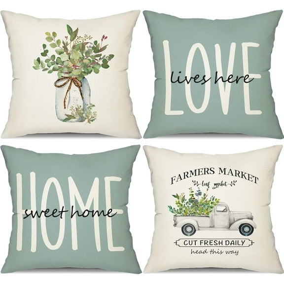 Farmhouse Pillow Covers 18x18 Set of 4,Eucalyptus Leaves Decorations Truck Vase Home Sweet Home Linen Cushion Case Gifts for Home Decor…