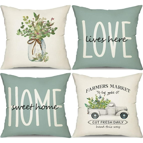 Farmhouse Pillow Covers 18x18 Set of 4,Eucalyptus Leaves Decorations Truck Vase Home Sweet Home Linen Cushion Case Gifts for Home Decor…