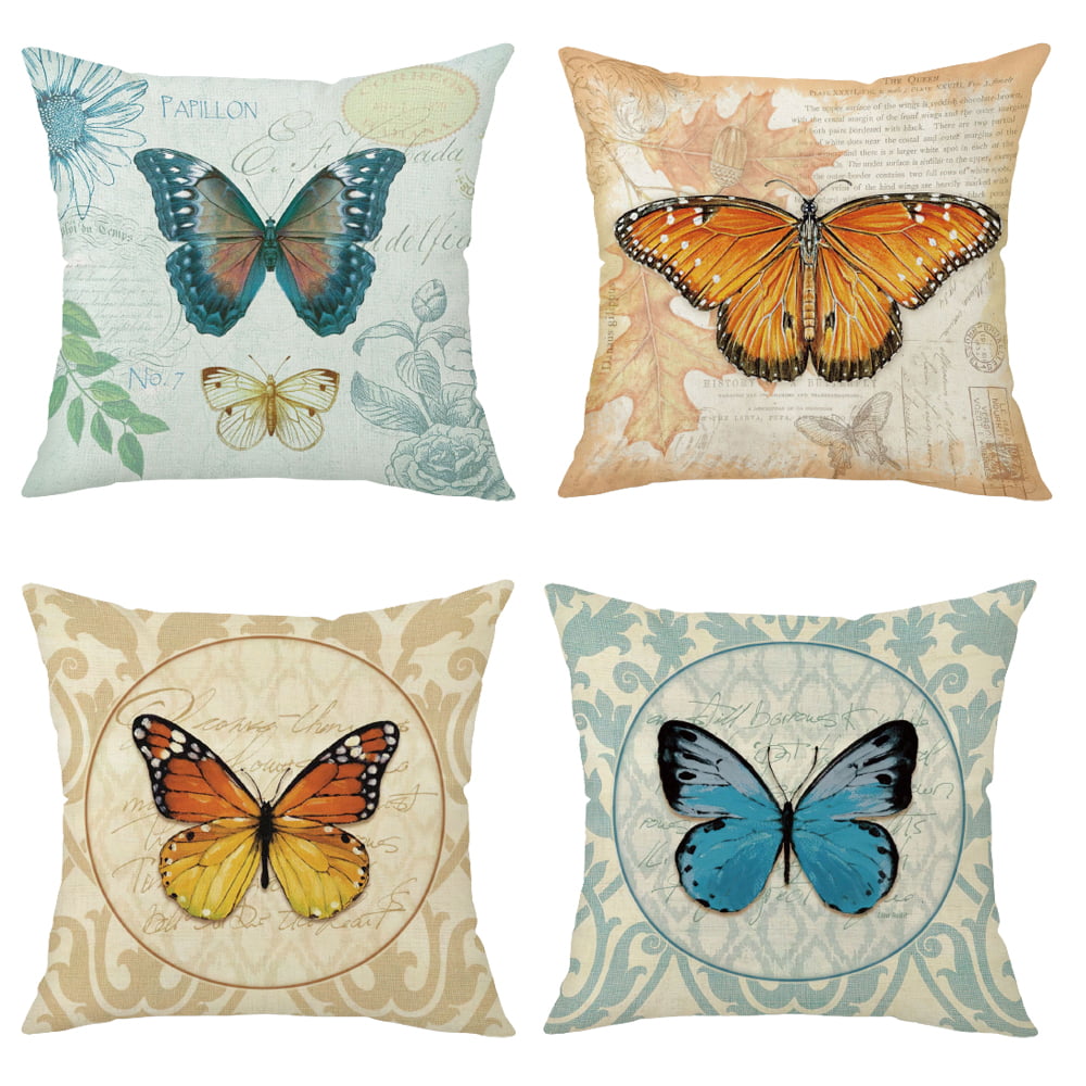 Farmhouse Pillow Covers 18x18 Set of 4 Spring Summer Throw Pillow Covers Linen Flower Butterfly