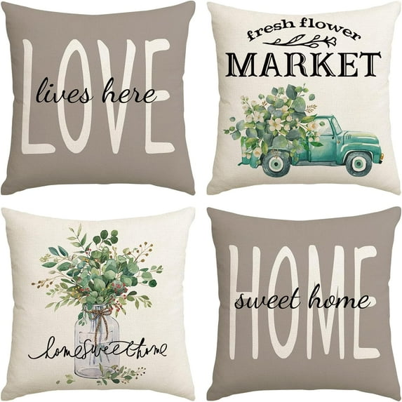 Farmhouse Pillow Covers 18x18 Set of 4 Summer Outdoor Pillowcases Truck Vase Linen Cushion Case Gifts for Sofa Couch Home Decor(Grey)