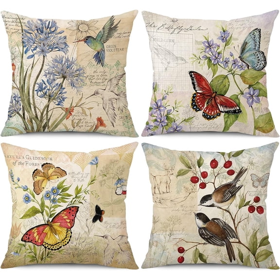 Farmhouse Pillow Covers 20x20 Set of 4 Spring Summer Throw Pillow Covers Linen Flower Butterfly Bird Decorative Pillowcases for Sofa Couch Living Room Outdoor