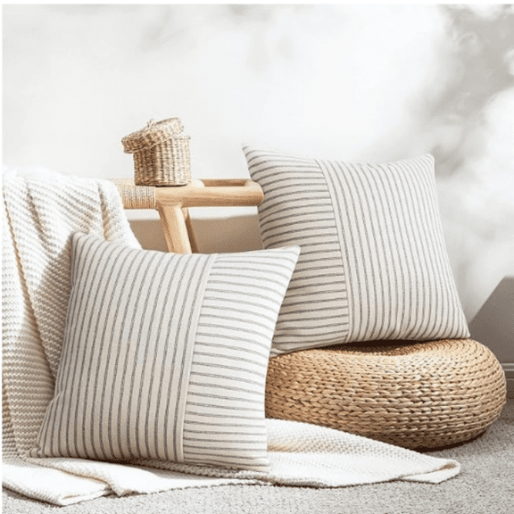 Farmhouse Pillow Covers 22x22, Mod Accent Square Throw Pillow Covers Set of 2, Gray and Beige Striped Patchwork Linen D rative Pillows Cushion Covers for Couch Chair Bedroom Fall D rations