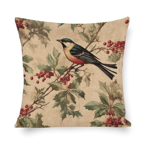Farmhouse Pillow Covers Vintage Christmas Pillow Cases Holly Berries Birds Spring Pillow Covers Decoration for Sofa Couch 16"x16"