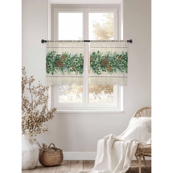Farmhouse Pine Needle Pinecone Chiffon Sheer Curtains 45 Inches Long Rustic Retro Wood Grain Rod Pocket Window Curtains Voile Drapes Curtains for Living Room Bedroom,2 Panels