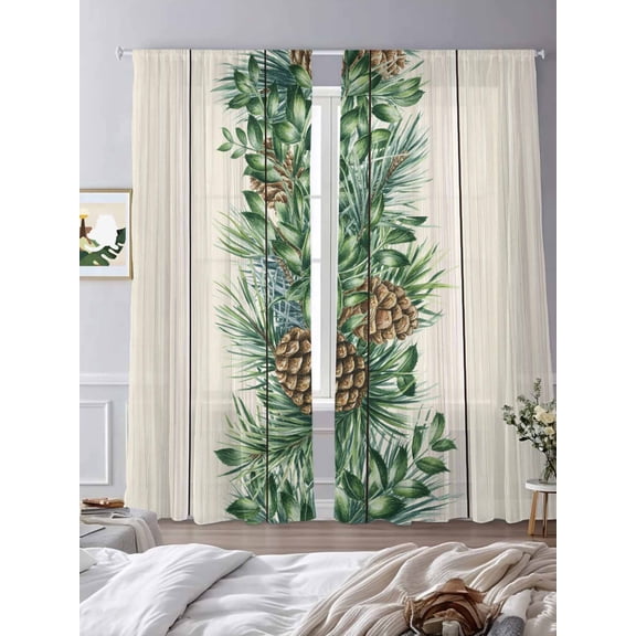 Farmhouse Pine Needle Pinecone Sheer Curtains 2 Panels Set Rustic Retro Wood Grain Lihgt Filtering Rod Pocket Voile Drape,Semi Sheer Window Curtains for Bedroom Living Room,52"x84"
