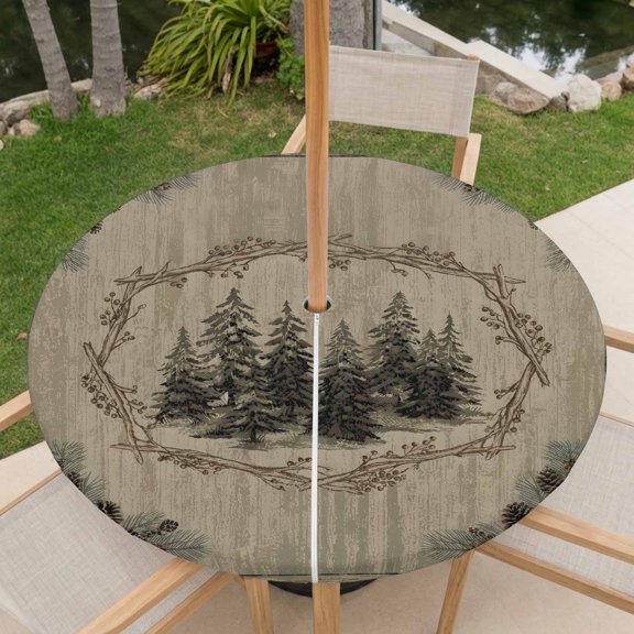 Farmhouse Pine Tree Outdoor Tablecloth with Umbrella Hole, Rustic Botanical Woodland Pinecone Needles Round Fitted Tablecloth Waterproof Table Cover with Zipper for Patio Garden Fits 45"-54" Table