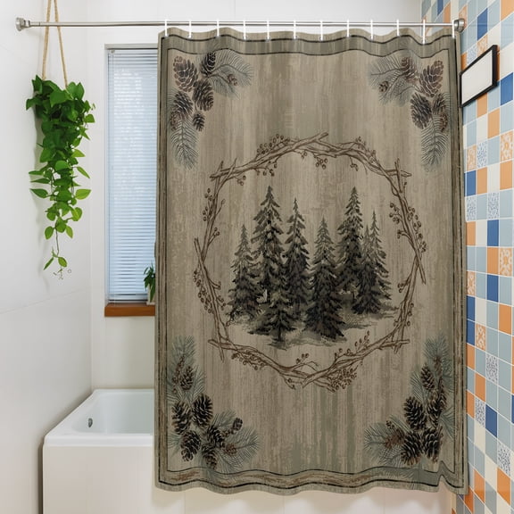 Farmhouse Pine Tree Shower Curtain for Bathroom Decor, Rustic Botanical Woodland Pinecone Needles Waterproof Fabric Shower Curtain, 36"x72" Set with 12 Hooks