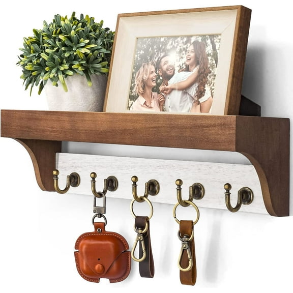 Farmhouse Pine Wood Key Holder Wall Mount for Room Decor - Rustic Key Holder for Wall with Shelf for Small Plant and Cute Things - Ideal Entryway Organizer in House (Natural Wood)