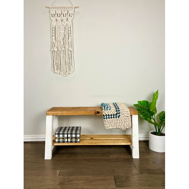 Farmhouse Pine Wood Storage Shelf Bench, Lt Brown White