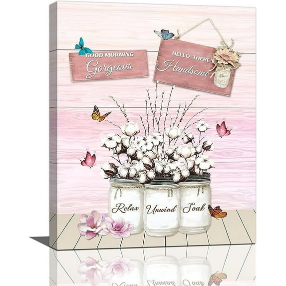 Farmhouse Pink Bathroom Wall Art Cotton Floral Pictures Wall Decor Relax Soak Unwind Bathroom Sign Canvas Prints Framed Artwork Modern Home Decor for Toilet Laundry Room Restroom Bedroom 12x16