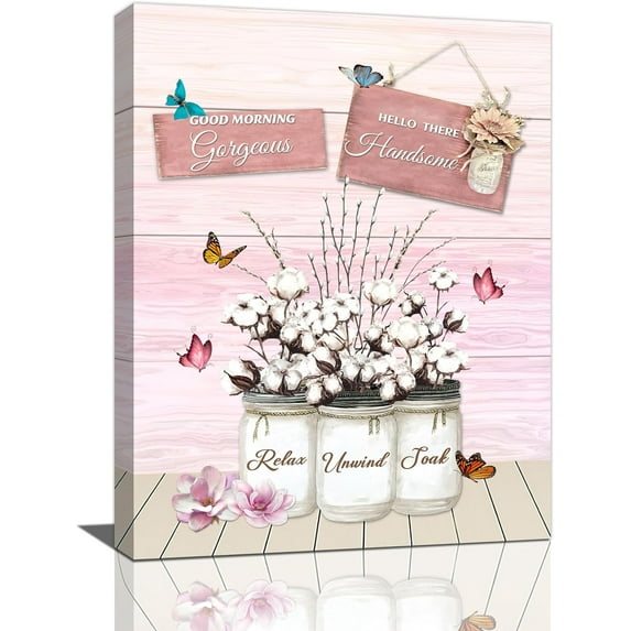 Farmhouse Pink Bathroom Wall Art Cotton Floral Pictures Wall Decor Relax Soak Unwind Bathroom Sign Canvas Prints Framed Artwork Modern Home Decor for Toilet Laundry Room Restroom Bedroom 12"x16"