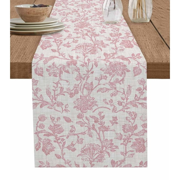 Farmhouse Pink Burlap Cotton Table Runner 14x72 Inches Long, Vintage Flower Leaf Botanical Plant Farmhouse Table Runners, Outdoor Dining Tablecloths Decor for Baby Shower/Party/Wedding