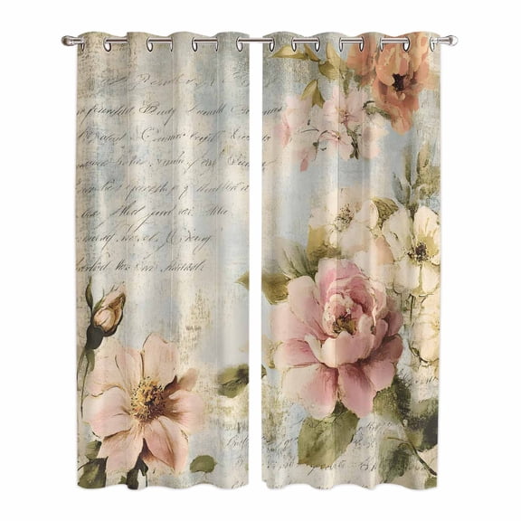 Farmhouse Pink Floral Kitchen Curtains 84 Inch Length, Spring Vintage Botanical Flowers Grommet Top Bedroom Living Room Curtains, Light Filtering Cafe Curtain Drapes 2 Panels Set 84''x84''