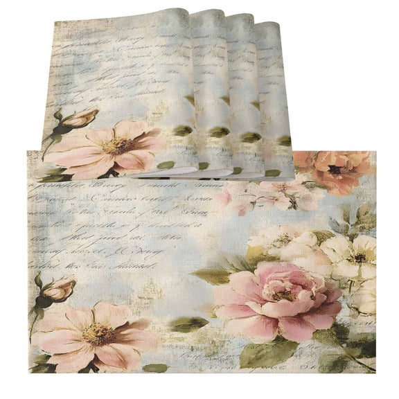 Farmhouse Pink Floral Placemats for Dinning Table Set of 6, Spring Vintage Botanical Flowers Burlap Kitchen Place Mats Waterproof Cloth Table Mats, Indoor Outdoor Placemats Easy Clean Dinner Decor