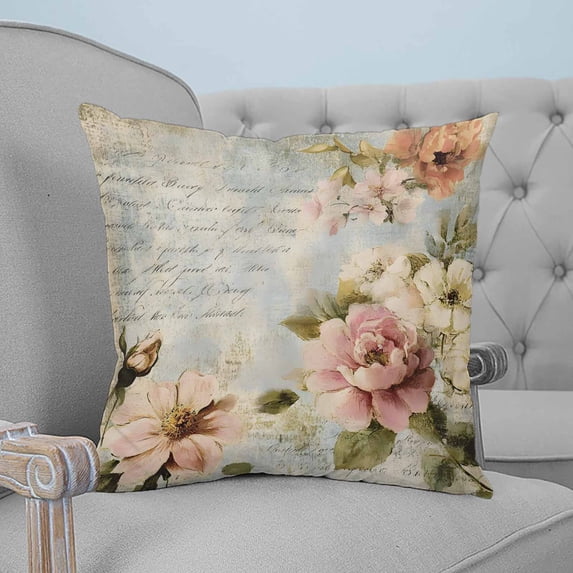 Farmhouse Pink Floral Throw Pillow Covers, Soft Pillowcases with Invisible Zipper, Spring Vintage Botanical Flowers Decorative Square Pillow Cushion Covers for Living Room Couch Sofa Bed 26x26 Inches