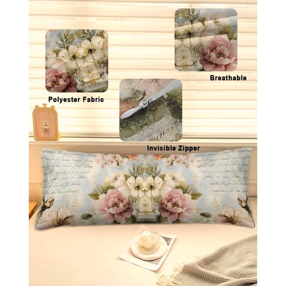 Farmhouse Pink Floral Throw Pillow Covers, Spring Vintage Botanical Flowers Soft Breathable Pillow Cases with Zipper for Sleeping, Long Body Pillowcases for Couch Bed Sofa Chair 20x54 Inches