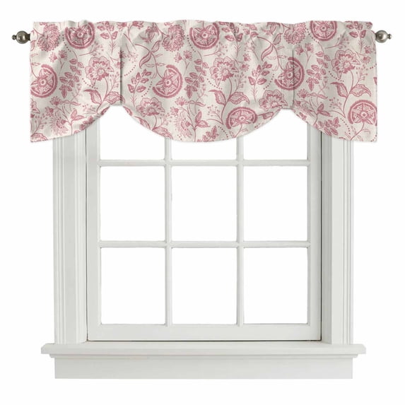 Farmhouse Pink Floral Tie Up Window Valance Linen Boho Flower Rustic Country Tie-up Valance for Kitchen Windows Adjustable Small Curtain Balloon Shades for Kitchen Bathroom Cafe 60x18inch