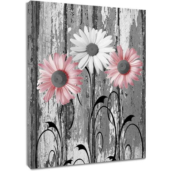Farmhouse Pink Floral Wall Art for Living Room,White Daisy Flower on Rustic Wood Canvas Wall Art Country Nature Plant Botanical Framed Wall Art for Bathroom Bedroom Wall Decor,10L X 8W Inches