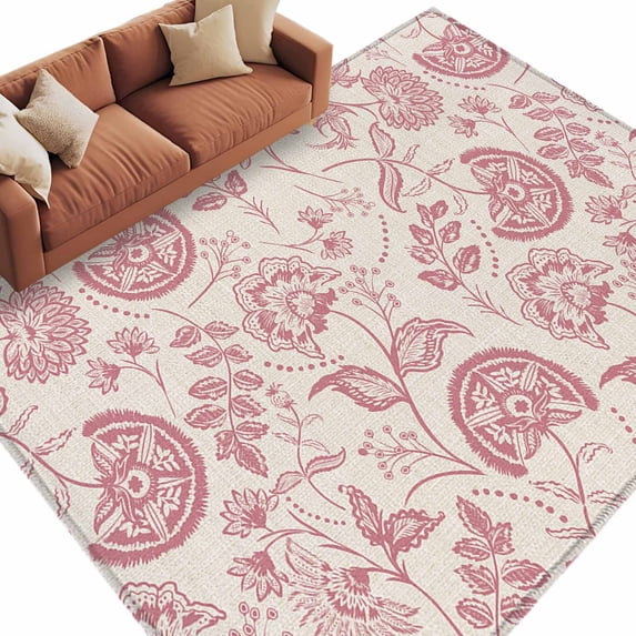 Farmhouse Pink Floral Washable Area Rug 8 x 10 ft Linen Boho Flower Rustic Country , Soft Non Slip Rugs Stain Repellent Indoor Felt Carpet for Living Dining Room Bedroom Home Office