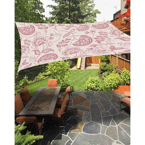 Farmhouse Pink Floral Waterproof Sun Shade Sail Linen Boho Flower Rustic Country Outdoor Patio Sun Shades Canopy UV Block Waterproof Sunshade for Garden Backyard Deck Pergola 8x10 Ft