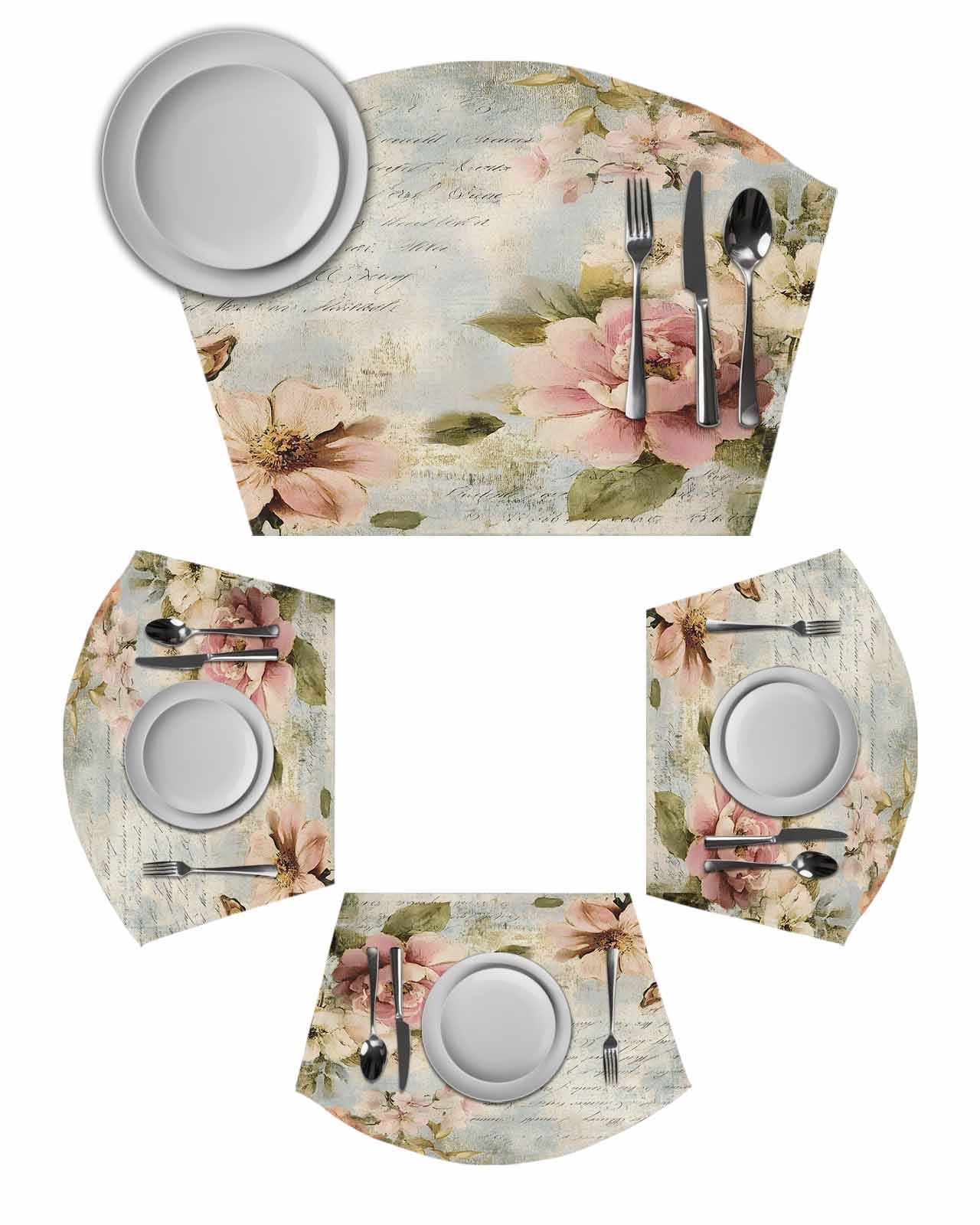 Farmhouse Pink Floral Wedge Shaped Placemats Set of 2, Cotton Linen Fan ...