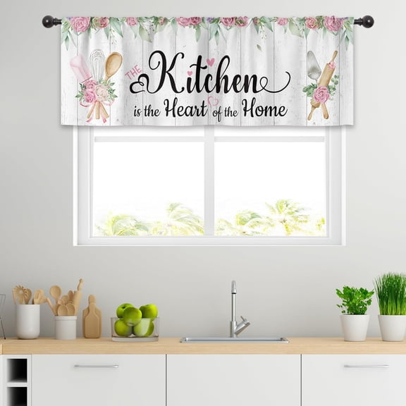 Farmhouse Pink Kitchen Curtains 54Wx18H Inch Rod Pocket Rustic Floral Curtains for Kitchen Spring Wooden Flower Art Printed Country Living Room Bedroom Window Drapes Treatment