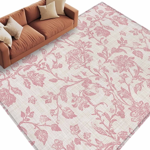 Farmhouse Pink Large Area Rugs for Bedroom Living Room, Soft Non Slip Carpet Bedside Rug, Vintage Flower Leaf Botanical Plant Rectangular Floor Cover Kitchen Accent Rug 6'x9' for Dining Room/Office