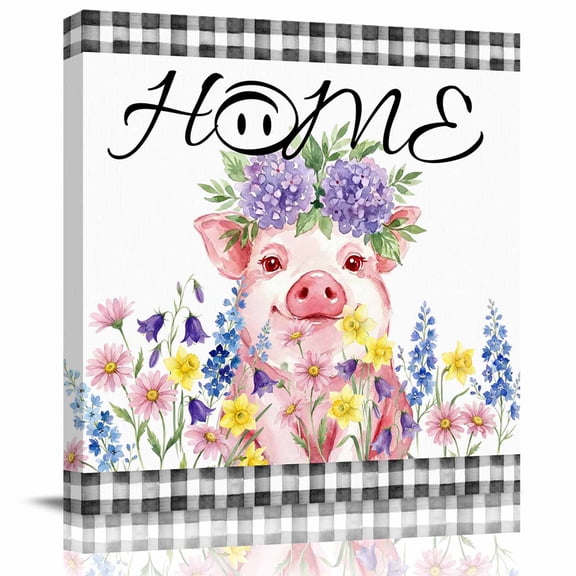 Farmhouse Pink Pig Spring Flower Canvas Artwork Painting Art, Black White Buffalo Checker Square Framed Wall Decorations Prints Picture for Bedroom Kitchen Living Room, 8x8 in