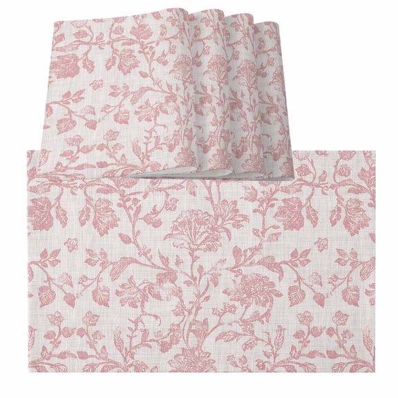 Farmhouse Pink Placemats for Dinning Table Set of 6, Vintage Flower Leaf Botanical Plant Burlap Kitchen Place Mats Waterproof Cloth Table Mats, Indoor Outdoor Placemats Easy Clean Dinner Decor