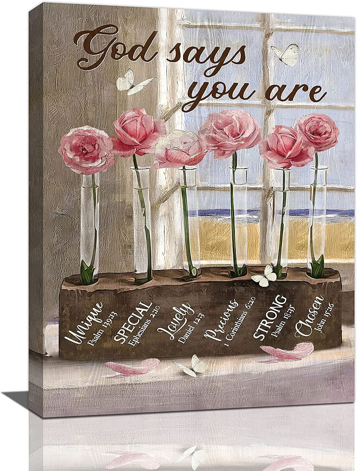 Farmhouse Pink Rose Bathroom Decor Wall Art Rustic Country Flower Butterfly God Says You Are