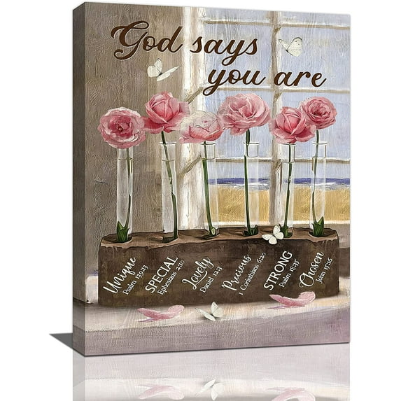 Farmhouse Pink Rose Bathroom Decor Wall Art Rustic Country Flower Butterfly God Says You Are Pictures Wall Decor Canvas Painting Prints Artwork Framed Decoractions for Kitchen Bedroom 12"x16"