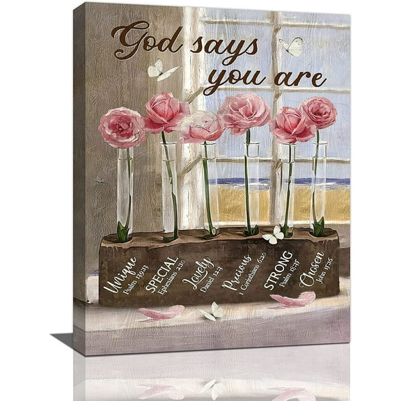 Farmhouse Pink Rose Bathroom Decor Wall Art Rustic Country Flower Butterfly God Says You Are Pictures Wall Decor Canvas Painting Prints Artwork Framed Decoractions for Kitchen Bedroom 12"x16"